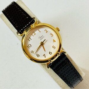 Vintage Timex 1994 Retro Dial Women's Dress Watch Gold Brown Leather B0
